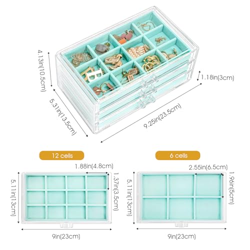 ProCase Earring Holder Organizer Jewelry Box with 3 Drawers, Acrylic Clear Earring Case with Adjustable Velvet Trays for Women - Aqua, 3 Layers