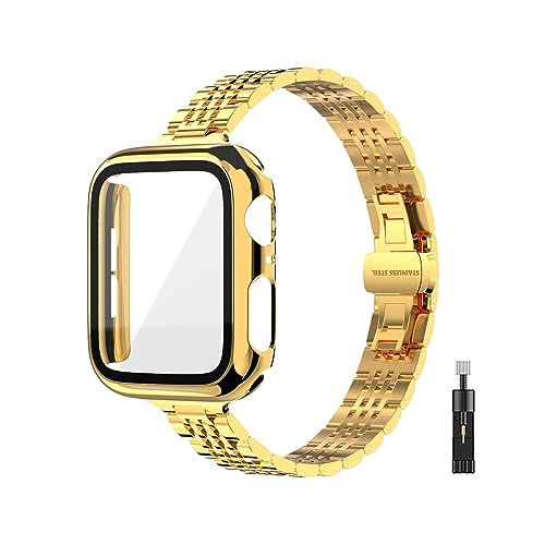 CSJCUBIC Thin Women Band Compatible with Apple Watch 38mm 40mm 41mmm 42mm 44mm 45mm with Face Cover, Stainless Steel for Metal iwatch Band Series 9 8 7 6 5 4 3 2 1 SE. (38mm, Gold)