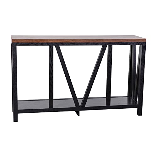 BizChair Farmhouse 2-Tier Console Table - Black Finish Engineered Wood Frame - Walnut Finish Tabletop - for Entryway or Living Room