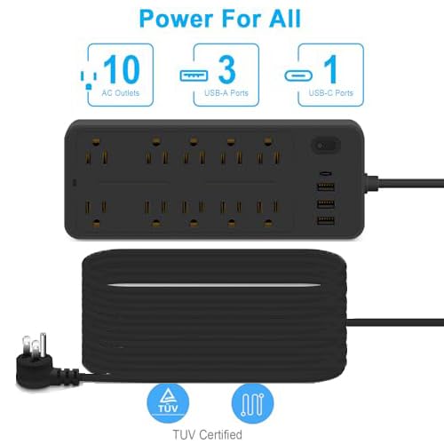 Asamoom 15 FT 14-in-1 Power Strips with Surge Protection 1700J,10 Outlets with 4 USB Ports (1 USB C) Long Extension Cord with Multiple Outlets 16Awg 1625W/13A Flat Plug Power Strip Protector Black