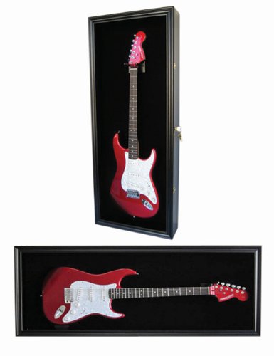 DisplayGifts 42" Electric Guitar Display Case Cabinet Shadow Box with Guitar Hanger Stand, Lockable UV Protection Black Felt Interior with Black Frame