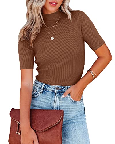Womens Summer Tops Trendy Textured Mock Turtleneck Short Sleeve Casual Business Work Top Tee Blouses Green