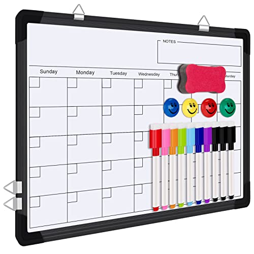 Polegas Dry Erase Whiteboard Calendar, Magnetic White Board Dry Erase Calendar, 16" X 12" Monthly Calendar Whiteboard for Wall, Small Double Side Board to Do List for Home, School, Office (Black)