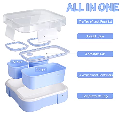 Genteen Bento Box for Kids, Kids Lunch Box with 3 Removable Compartments, Toddler Baby Lunch Box for Daycare, School, Leak-proof Lunch Snack Portion Container, Ideal Portion Size for Ages 3 to 7- Blue