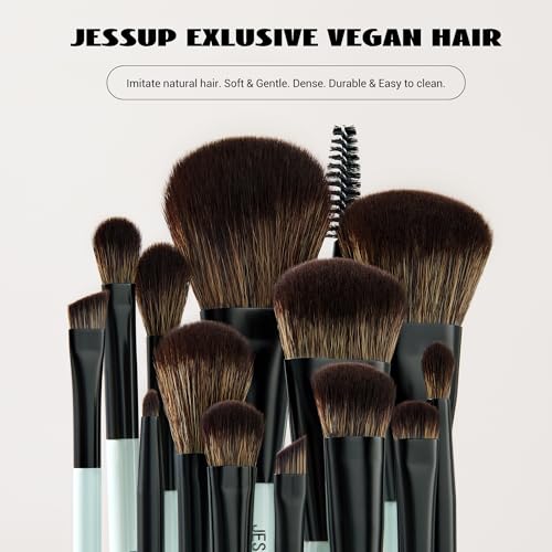 Jessup Makeup Brushes Set 10pcs, Double Sided Foundation Contour Blush Highlight Blending Eyebrow Brush Eyeshadow Eyeliner Concealer Brush, Bright Cyan Cruelty Free Cosmetic Tools T500