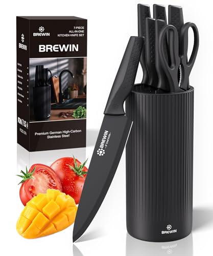 Brewin Knife Set, Kitchen Knife Set, Knives Set for Kitchen with Universal Knife Block, Utility Knife Block Set, Dishwasher Safe. Premium German Stainless Steel, The Best Gift, Black