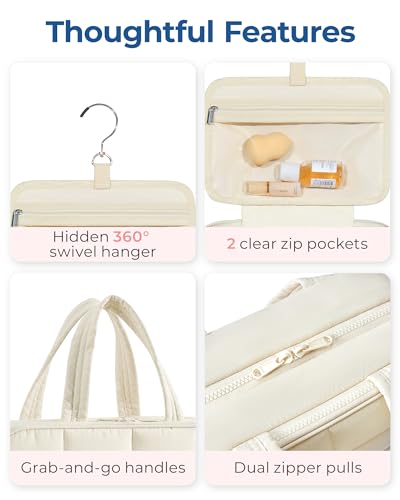 BAGSMART Travel Toiletry Bag with Jewelry Organizer, Hanging Travel Bag for Toiletries, Puffy Makeup Cosmetic Bag Organizer, Carry-on Travel Accessories Essentials, Beige-L