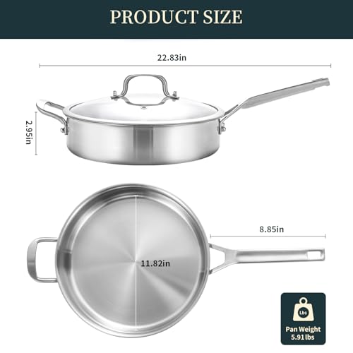 Yeksum Tri-Ply Stainless Steel Saute Pan 5QT, 12 Inch Deep Frying Pan with lids, 3-layer Large Skillet with Stay Cool Handle, Induction Pan, Durable, Compatible with All Cooktops Up to 500℉