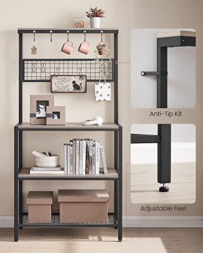 VASAGLE Bakers Rack, Coffee Bar, Kitchen Storage Shelf Rack with 10 Hooks, 3 Shelves, Adjustable Feet, for Microwave Oven, 15.7 x 33.1 x 66.9 Inches, Industrial, Greige and Black UKKS017B02