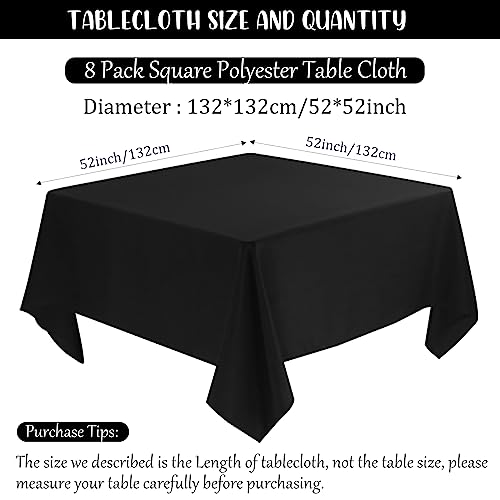 8 Pack Premium Square Tablecloth for Square or Round Table, Washable Bulk Linen Table Cloth Polyester Fabric Table Covers for Wedding Party Reception Banquet Buffet (Black, 52 x 52 Inch)