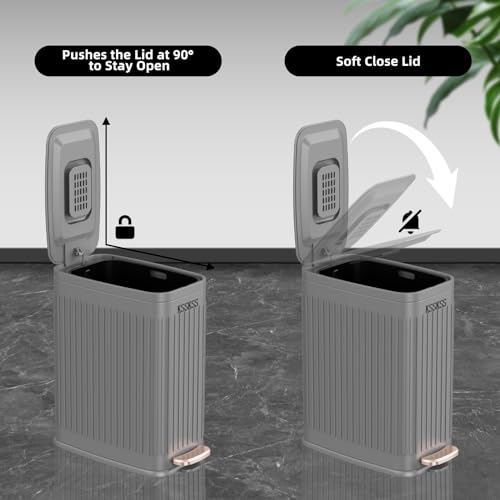 KSSKSS Small Bathroom Trash Can with Charcoal Filters Soft Close Lid, 6L / 1.6 Gallon Stainless Steel Garbage Can with Removable Inner Bucket, Foot Pedal Slim Trash Can for Bedroom, Home (Matt Black)
