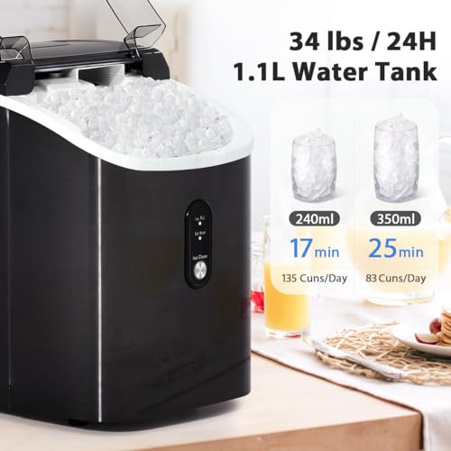 Nugget Ice Maker Countertop for Soft Chewable Pellet Ice Pebble Portable Ice Machine 34lbs/24H,Self-Cleaning,Sonic Ice,One-Click Operation,for Kitchen,Office,Party