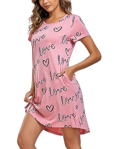 EISHOPEER Night Shirts for Women Short Sleeve Sleep Shirt Cute Print Sleepwear Soft Nightgown with Pockets Pink S