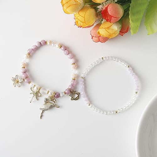 DS Beaded Charm Bracelets for Teen Girls Cute Cartoon 4 PCS Crystal Beads Pearl anime Bracelets for woman girls Adjustable Stretch bracelet anklets birthday Gift For daughter Friends-Purple Dolphin