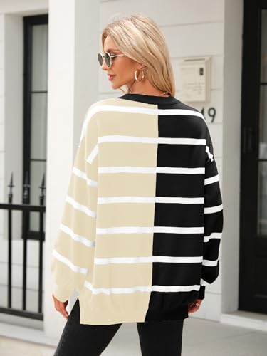 Fisoew Womens Striped Pullover Sweater Crew Neck Long Sleeve Knitted Color Block Casual Loose Lightweight Sweaters for Women Army Green