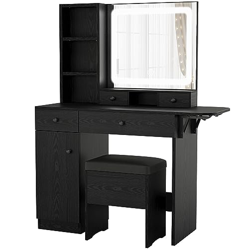 LIKIMIO Vanity Desk with Drawers & LED Lighted Mirror & Power Outlet & Cabinet, Storage Stool, Stylish Bedroom Makeup Table Set, Modern Black