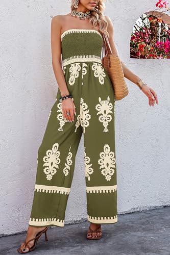 PRETTYGARDEN Women's Summer Boho Jumpsuits One Piece Beach Vacation Outfits Spaghetti Strap Wide Leg Pants Rompers (Army Green,Small)