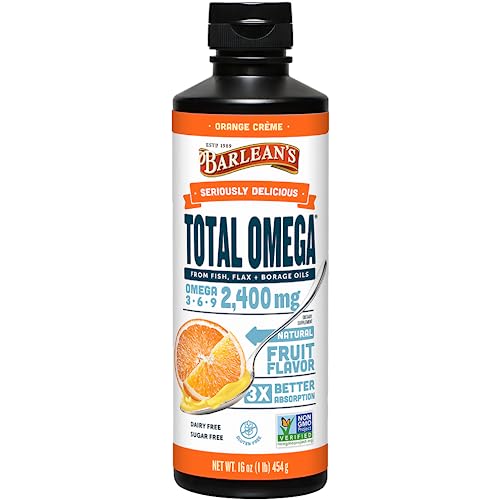 Barlean's Total Omega 3 Fish Oil Liquid Supplement, Orange Crème Flavored with Borage Oil and Flaxseed Oil, 2,400 mg of Omegas 3 6 9 EPA and DHA Plus GLA, 16 oz