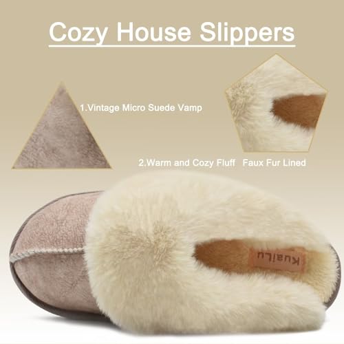 KuaiLu Womens Slippers, Fluff Dual Memory Foam Slippers Ladies Cozy Arch Support Warm Scuff Slippers Slip on Comfy Winter House Shoes with Non-Slip Indoor Outdoor Hard Sole New-Beige 6