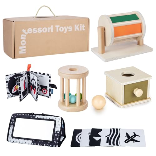 Early Learning Toy for 0-6 Months, Montessori Baby Toys 6 in 1 Learning Educational Set - Object Permanence Box, Baby Roller, Spinning Drum, Black and White High Contrast Baby Toys, Tummy Time Mirror