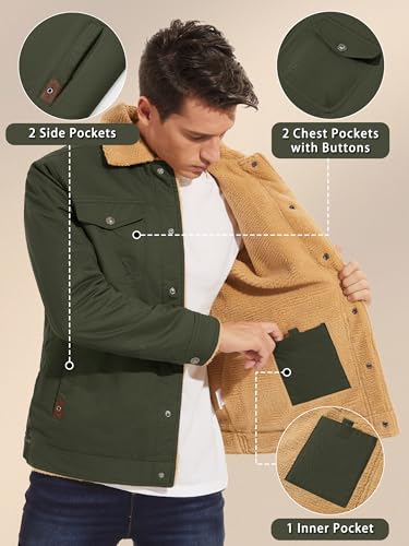 KEFITEVD Winter Jackets for Men Fleece Lined Windbreaker with Warm Collar Windproof Trucker Jacket Army Green S