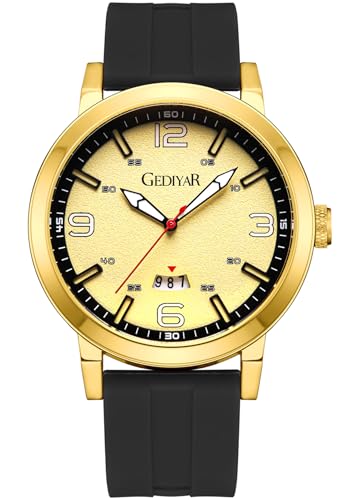 GEDIYAR New Men Sports Watch with Quartz Silicone Band Date Display Waterproof Analog Wrist Watches for Mens (G690 Gold)