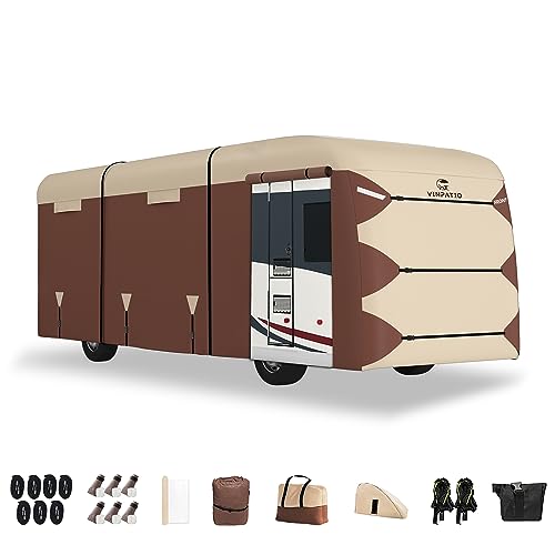 VINPATIO Class A RV Cover 300D Oxford Fabric Two Color Design, Fits 31'-34' RV, Heavy Duty Windproof Waterproof Class A Motorhome Cover with 2 Extra Long Straps, Gutter Covers