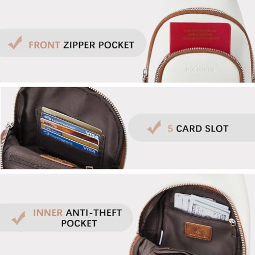 BOSTANTEN Sling Bag for Women Crossbody Purse Crossbody Bag Leather Chest Bag with Adjustable Guitar Strap for Travel, Beige