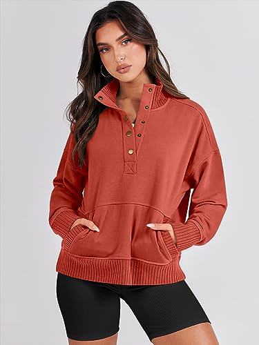 ANRABESS Women Sweatshirt Fall Casual Button Up Henley Pullover Sweater Comfy Loose 2024 Trendy Outfits Top Preppy Cothes Deep army green X-Large