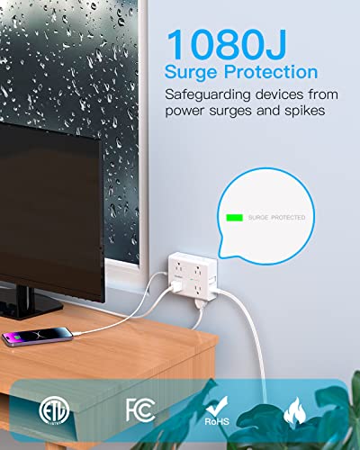 Surge Protector Power Strip, 5Ft Flat Extension Cord Flat Plug with 4 USB Charging Ports (2 USB C) 8 Widely Outlets, 1080J Wall Mount Outlet Extender, Office Supplies, Dorm Room Essentials