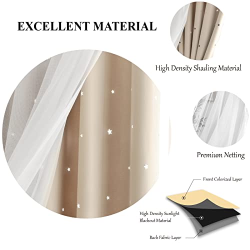 Loyala Star Curtains - Blackout & Rainbow Kids Bedroom Curtains, 63 Inch Long, 2 Panels, Beige, Blue & Pink