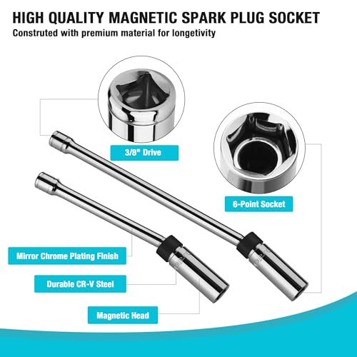 DURATECH 2PCS 5/8" Swivel Magnetic Spark Plug Socket Set, 3/8" Drive Thin Wall Socket Includes 11" Total Length and 6" Total Length with 6-Point, Enhanced Magnetic Head, Cr-V Steel Made