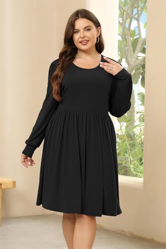 Keluummi Plus Size Women's Flowy Casual Midi Dress with Puffy Sleeves and Pockets - Cozy for Holidays(KEL6021,16,Grey)