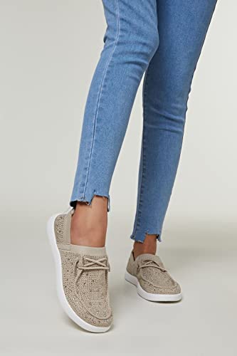 BELOS Women's Rhinestone Lace Up Loafers Shoes Comfortable Slip On Mesh Knit Walking Shoes Fashion Lightweight Sparkly Glitter Sneaker(Beige,7