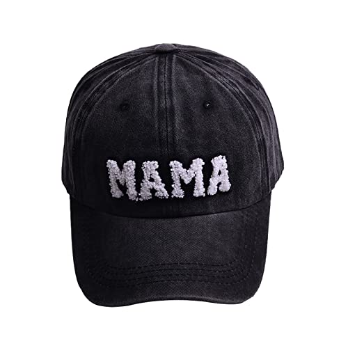 Waldeal Embroidered Mama Hat for Women, Gifts for Mom, Wife, Adjustable Washed Distressed Baseball Cap Black