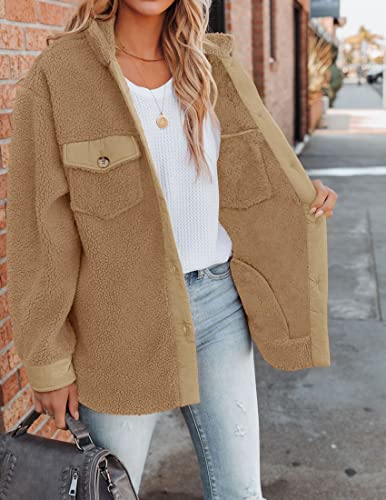 ZESICA Womens Winter Casual Sherpa Fleece Jacket Long Sleeve Button Solid Warm Fuzzy Outwear Coat Pockets,Wine,Large