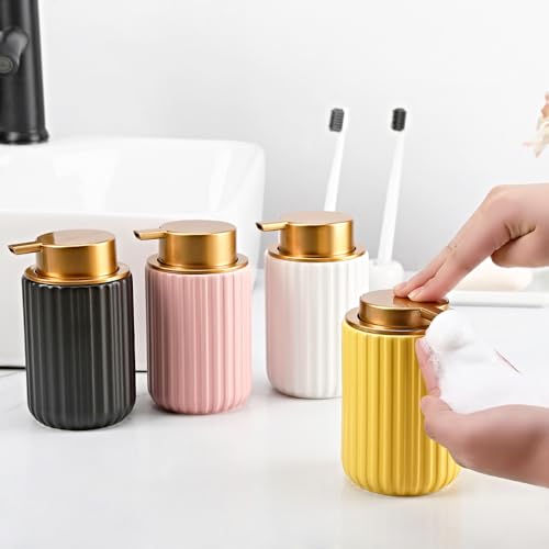 Decorative Foaming Soap Dispenser, Ceramic Lotion Dispenser for Bathroom, Vertical Stripe Design with Golden Pump(Black)