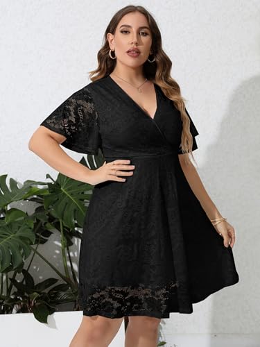 SCOMCHIC Women Plus Size Lace Cocktail Dresses Faux Wrap V Neck Short Sleeve Flowy A Line Wedding Guest Midi Dress Navy