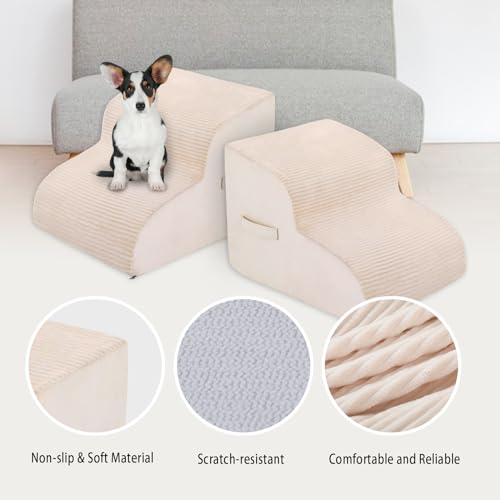 High Density Foam Dog Stairs Steps, 13.7’’ Non-Slip Extra Wide Deep Pet Steps for Beds Or Couches, for Injured or Older Pets Dogs and Cats with Joint Pain, 2-Tiers (Beige)
