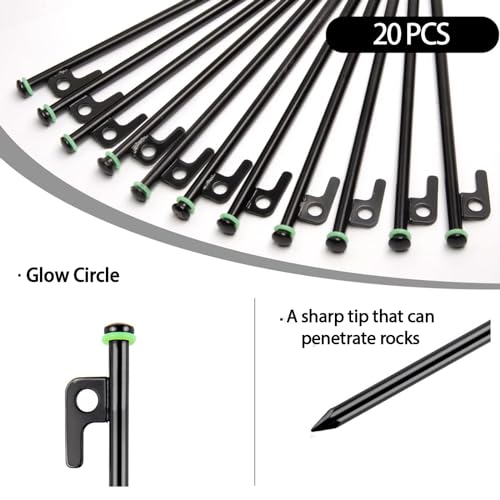AVOFOREST 12Inch Heavy Duty Tent Stakes,20 PCS Tent Pegs Metal+Fluorescent Silicone Rings+ Storage Bag for Camping (20pcs)