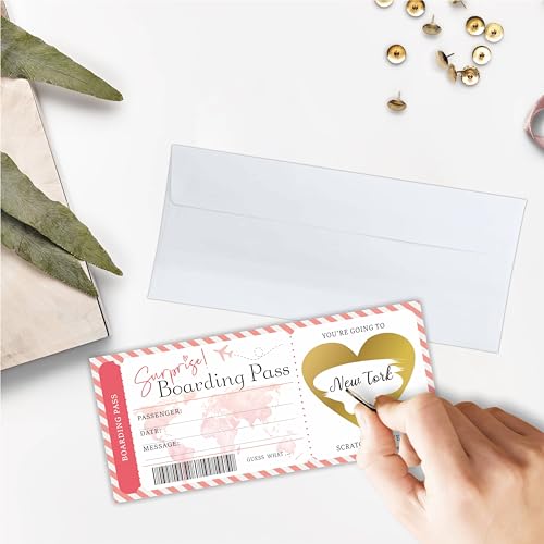 Surprise Reveal Ticket Gift For Valentine's Day, DIY Scratch Off Boarding Pass Gift Ticket Set With Envelope, Travel Ticket, Plane Ticket Gift For Holidays, Birthday, Wedding, Anniversary - A52