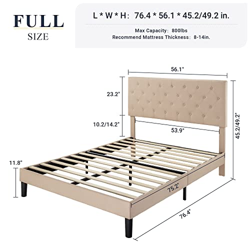 Allewie Full Size Bed Frame with Adjustable Headboard/Diamond Stitched Button Tufted/Fabric Upholstered Platform Bed Frame/Wood Slat Support/No Box Spring Needed/Easy Assembly, Beige