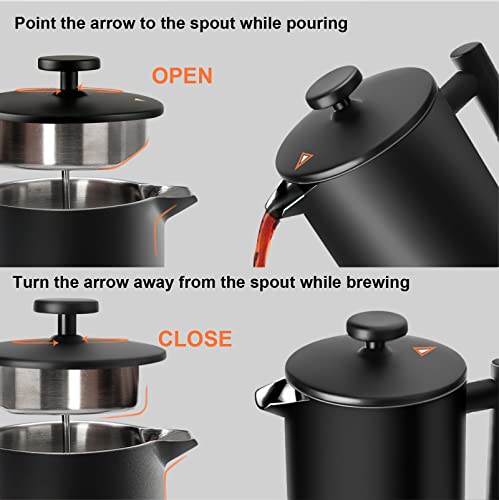 Secura French Press Coffee Maker, Double-Wall 304 Grade Stainless Steel Coffee Press with 2 Extra Screens, 34oz (1L), Black