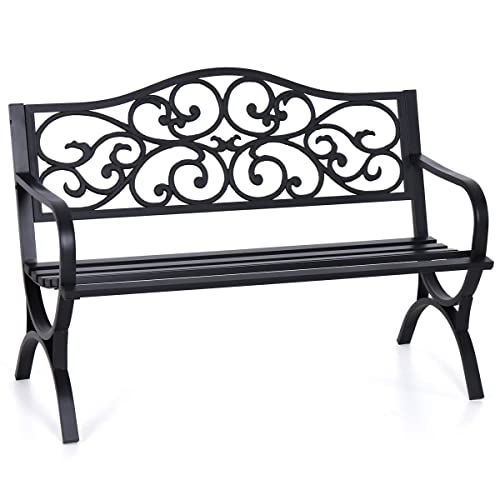 MFSTUDIO 50 Inches Outdoor Garden Bench, Cast Iron Metal Frame Patio Park Bench with Floral Pattern Backrest, Arch Legs for Porch Lawn Garden Yard(Black)