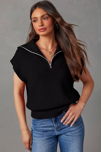 Dokotoo Women's Casual Sleeveless Half Zip Pullover Sweaters Solid V Neck Collar Ribbed Knitted Loose Sweaters Cute Sweater Womens Summer Tops Black Small