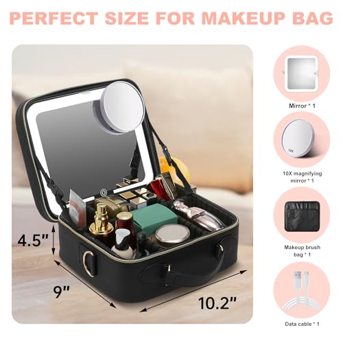 Mocado Travel Makeup Bag with LED Lighted Mirror,Travel Makeup Organizer,Makeup Case with 3 Color Lighted Setting and 10x Magnifying Mirror,Portable Storage and Adjustable Dividers Makeup Box(Black)