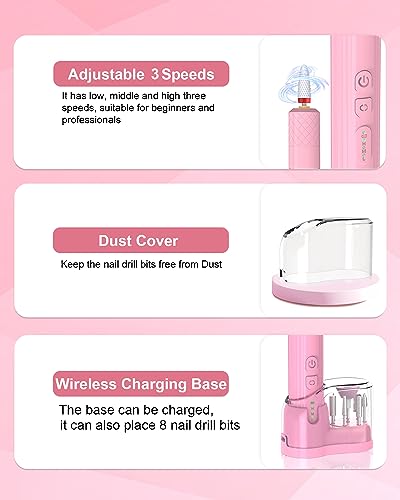 DEEHENK Electric Cordless Nail Drill Portable Nail Drill Machine for Gel Acrylic Nails, Rechargeable Nail File for Home Salon Electric Nail File Pink