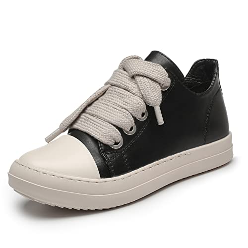 MOFEEDOUKA Womens Low Top Sneakers Thick Shoe Laces PU Leather Platform Comfort Walking Shoes Black