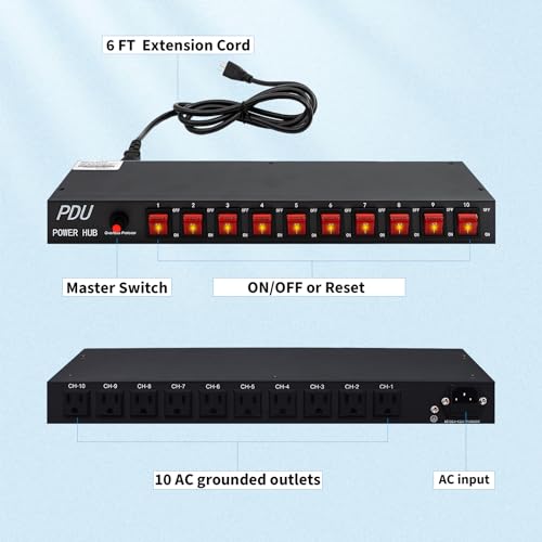CENTROPOWER PDU Power Strip，10 Outlet Surge Protector-1800 Joules，10 Front Switch Control，1U Rack Mount.100V- 240V/15A.