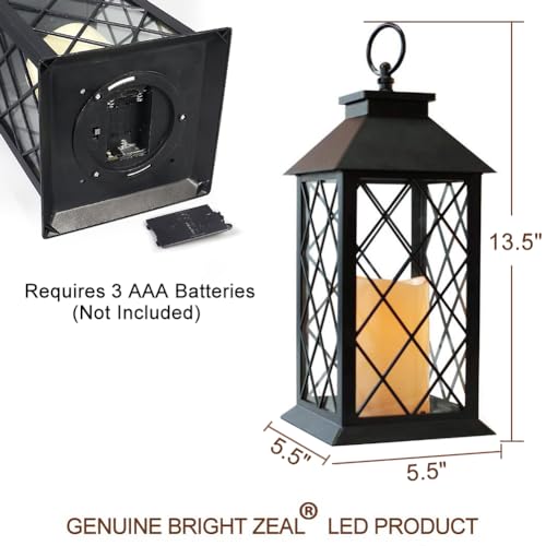 Bright Zeal 2-Pack 13.5" Vintage Candle Lantern with LED Pillar Candle (Black, 6hr Timer) - IP44 Waterproof Battery Powered Candle Lantern - Outdoor Patio Hanging Lantern Decorative Tabletop Lantern